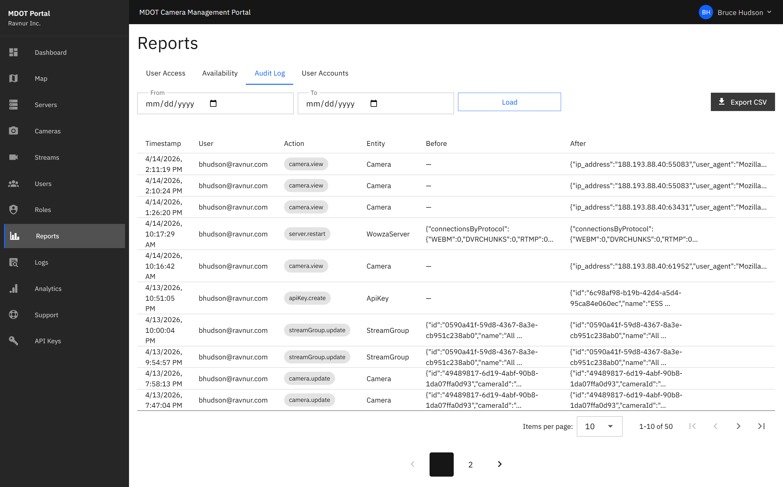 Audit Log report showing a table of administrative actions with columns for timestamp, user, action, entity, and before/after data.